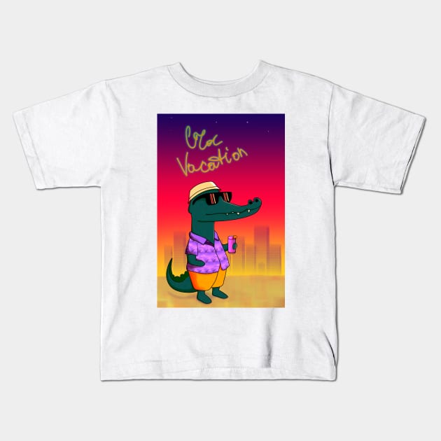 Cute crocodile in sunglasses drinking a cocktail on the beach Kids T-Shirt by Cybertrunk